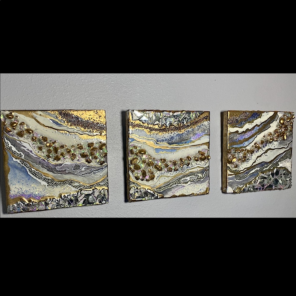 3 piece Resin Wall Art Geode Rock inspired Epoxy Canvas Home Decor